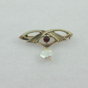 Art Nouveau 800 Gold Silver Garnet Baroque Pearl Dangle Brooch- C clasp- as it is