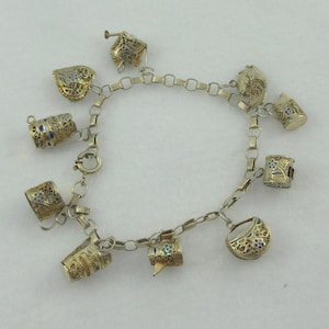 Asian 10 Charms Gold over Sterling Silver Filigree Enamel Theme Garden Bracelet -as it is