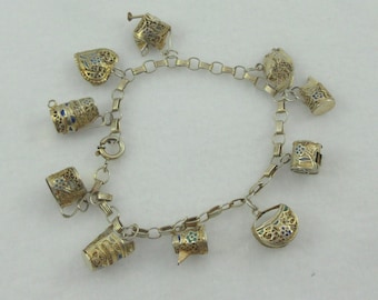 Asian 10 Charms Gold over Sterling Silver Filigree Enamel Theme Garden Bracelet -as it is