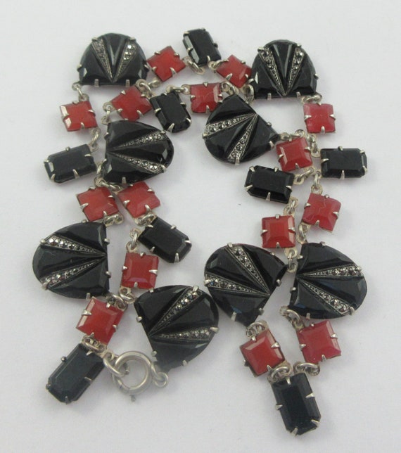 Fabulous Art Deco Sterling Silver Black Red Glass 