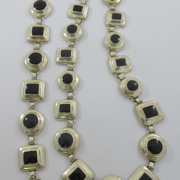 SET_ Mexico Sterling Silver Geometric Black Enamel Necklace w. Matching Sterling Bracelet