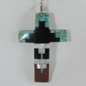 Santo Domingo Sterling Silver Multi Stone Inlay  Cross Pendant w. Sterling Chain