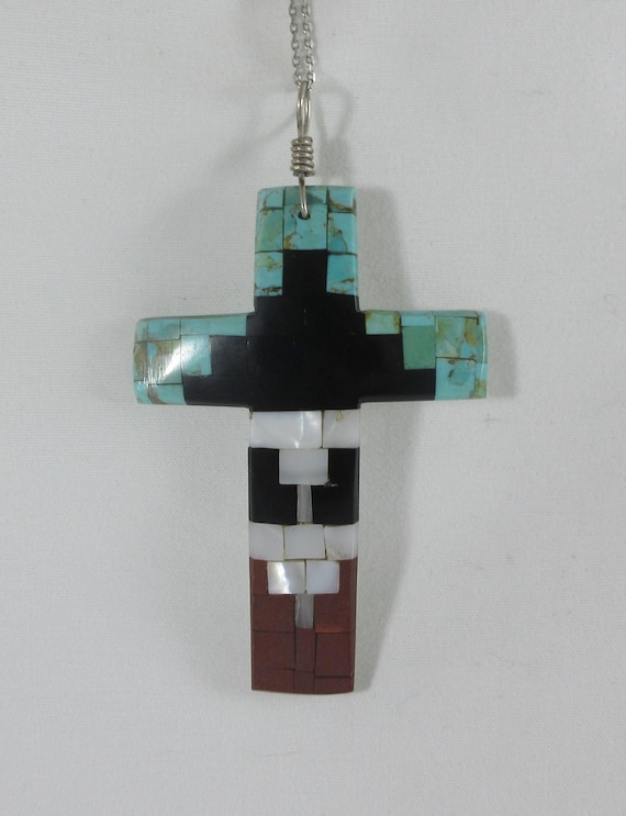 TerraSanctaGuilad1969 十字架 Santo Domingo Sterling Silver Multi Stone Inlay Cross Pendant W