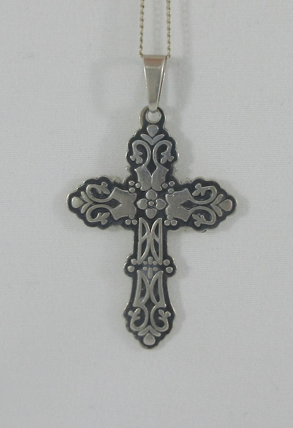 Mexico CII Sterling Silver Ornate Cross Pendant W. Sterling Silver