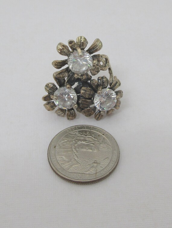 Statement Sterling Silver Three Flower White Rhin… - image 2