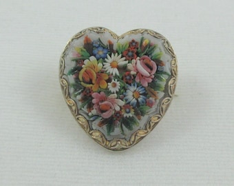 Antique 800 Gold over Silver Heart Mosaic Flower Brooch Pin- C clasp