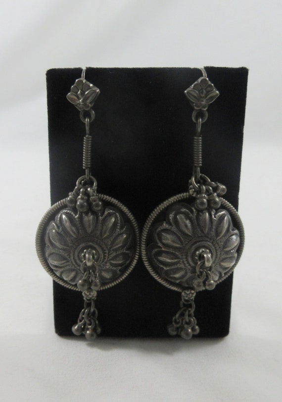 Indian Ethnic Large Sterling Silver Floral Dangle 