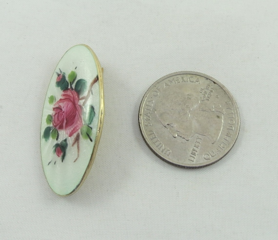 Signed OPRO Norway Hand Painted Oval Floral  Guilloche Enamel Gilt Sterling Silver Brooch Pin View 2