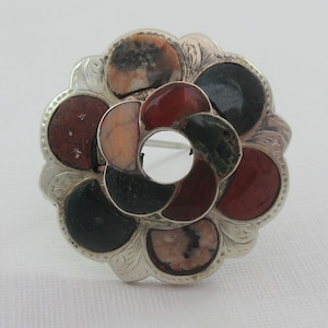 Victorian Sterling Silver Multi Gem Agate Jasper Pink Coral Inlay Floral Brooch- As it is