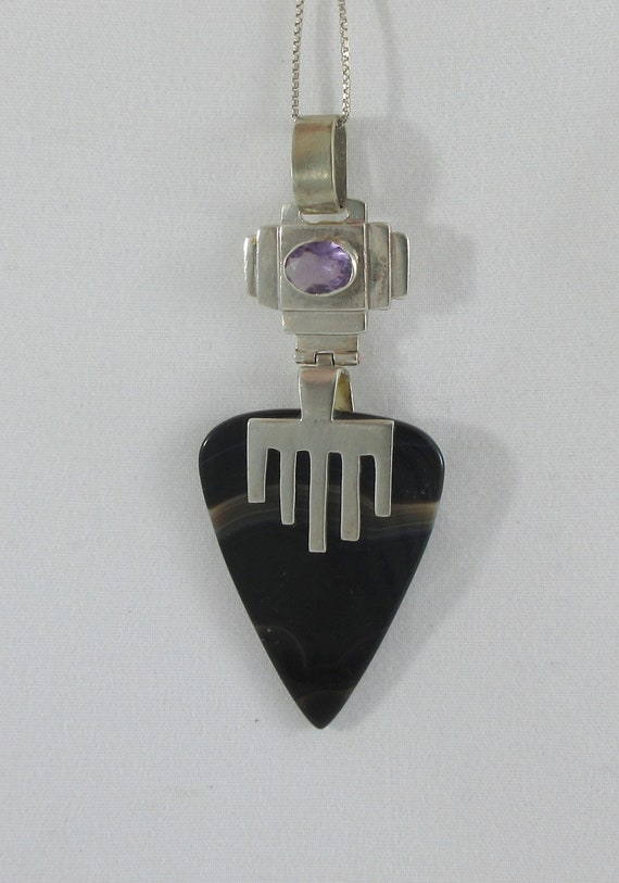Art Deco Style Sterling Silver Amethyst Agate Pend