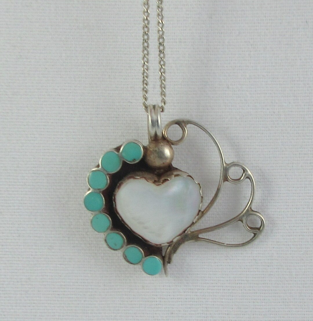 Southwestern Sterling Silver Mother of Pearl Turquoise Inlay Heart ...