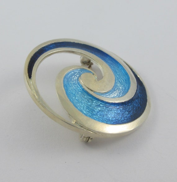 Sterling Silver Blue Enamel Swirl Open Brooch - image 4