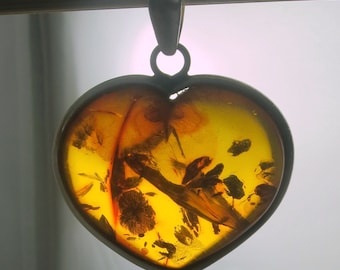 Large Sterling Silver Honey Amber Puffy Heart Pendant