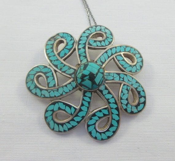 Mexico Arte En Plata Sterling Silver Turquoise Mosaic Inlay Floral Pendant w. Sterling Chain