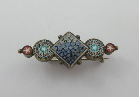 Antique Victorian Mosaic Blue Floral Diamond Broo… - image 1