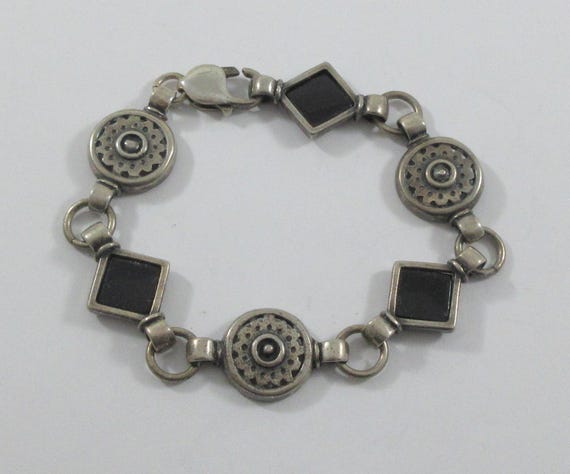 Modernist Sterling Silver Black Glass Geometric Bracelet