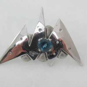Modernist Abstract Sterling Silver Topaz Diamond Stones Brooch