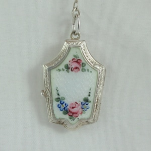 Art Deco Hand Painted Sterling Silver Enameled Pill Box Locket Key Chain