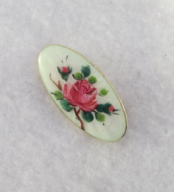 Signed OPRO Norway Hand Painted Oval Floral Guilloche Enamel Gilt Sterling Silver Brooch Pin