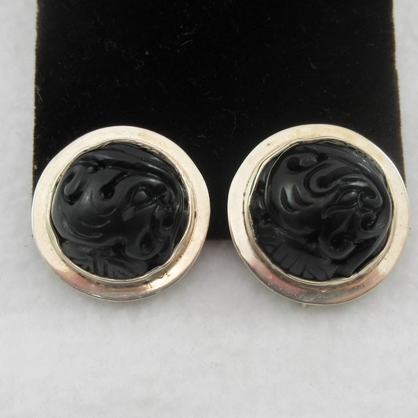 Signed AIS Sterling Silver Black Carved Tagua Nut Domed Clip On Earrings