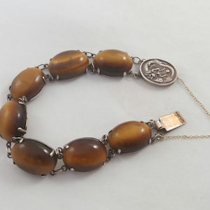Chinese Export Sterling Silver Tiger Eye Bracelet w. 10K gold security chain