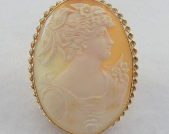 Signed Large 14k Yellow Gold Shell Cameo Brooch or Pendant-as it is