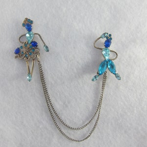 Gold over Sterling Silver Blue Rhinestone Stylized Male and Female Figures Detachable Double Chain Chatelaine Brooch