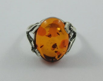 Art Nouveau Style Sterling Silver Oval Amber Ring-  Size 7.75