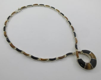 Mexico 950 Silver Tiger Eye Onyx Loop Geometric Choker Necklace