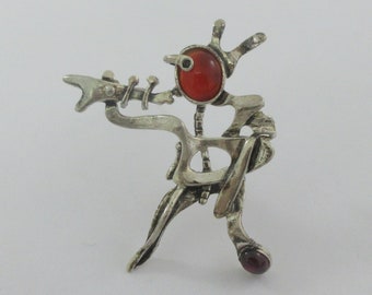 Mid Century Sam Kramer  Sterling Silver Carnelian Garnet Modernist Harlequin Brooch