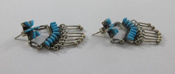 Zuni Sterling Silver Floral Turquoise Stud Dangle Earrings View 6