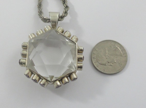 Large Sterling Silver Hexagonal White Quartz Amet… - image 2