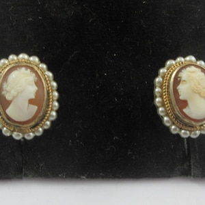 Gold over 800 Silver Faux Pearl Shell Cameo Screw Back Earrings