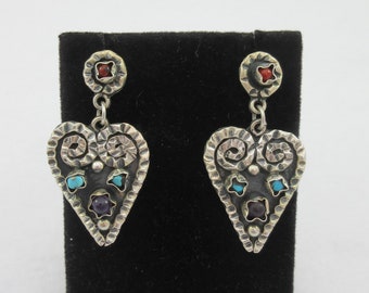 Mexico Matilde Poulat Style Sterling Silver Hammered Hearts Coral Amethyst Turquoise Dangle Stud Earrings