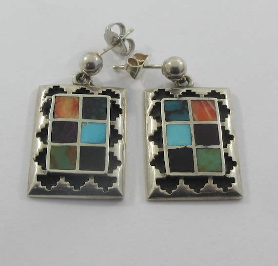 Signed Teme Sterling Silver Multi Stone Inlay Geo… - image 1