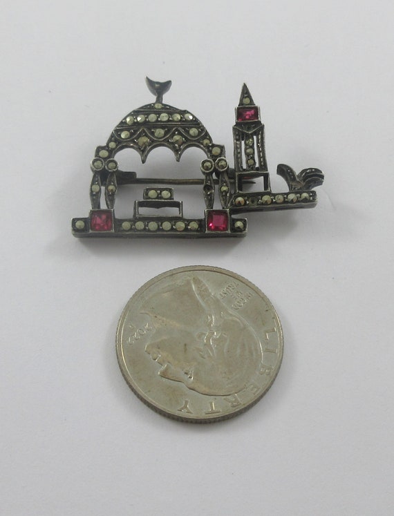 Sterling Silver Marcasite Red Glass Mosque Brooch - image 2