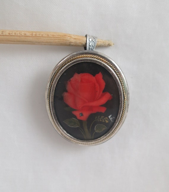 800  Silver Hand Painted Red Rose Oval Pendant or… - image 6