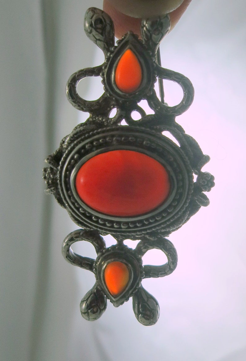 CHRISTMAS SALE Large Sterling Silver Snake Carnelian Brooch