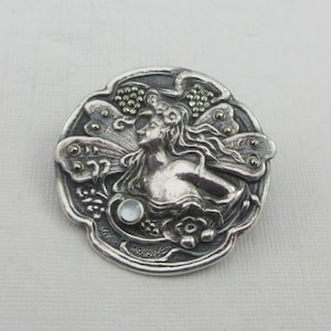 Art Nouveau Sterling Silver Marcasite Moonstone Winged Woman Brooch- Trombone clasp