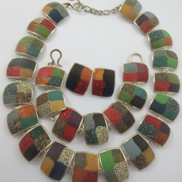 David Urso Demi Parure Modernist Sterling Silver Geometric Colorful Necklace w. Matching Bracelet & Stud Earrings