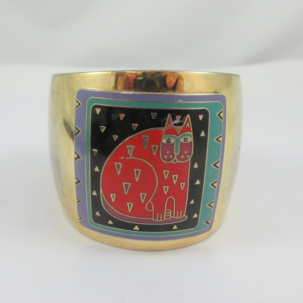 Signed Laurel Burch Gold Tone Whimsical Cat Wide Bracelet Cuff- As it is