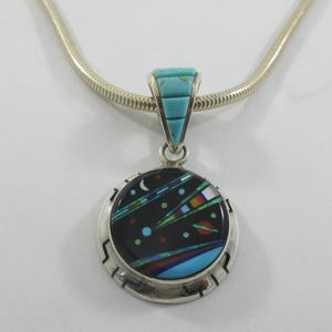 David R Freeland Sterling Silver Turquoise Opal Inlay Abstract Pendant w. Sterling Chain