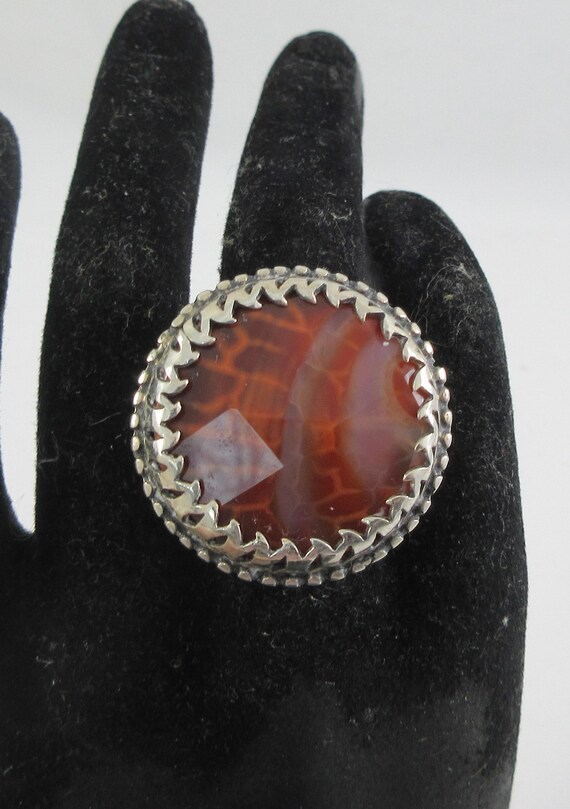 Statement Sterling Silver Round Red Agate Adjusta… - image 3