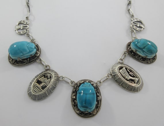 Sterling Silver Multi Blue Ceramic/Porcelain Scarab Pendant Necklace