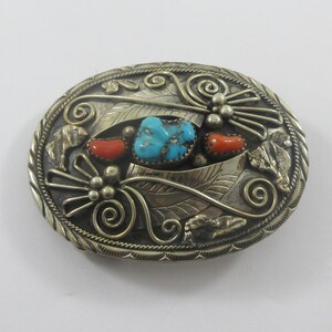 Southwestern Sterling Silver Turquoise Coral Leaves Belt Buckle