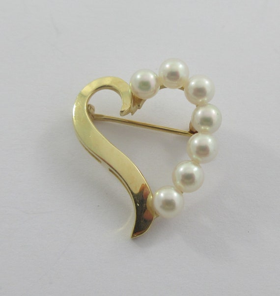 14k Yellow Gold Open Heart Pearls Brooch - image 3