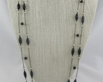 Long Art Deco Silver Tone Double Chain Faux Pearl Black Glass Necklace- Flapper Style- As it is