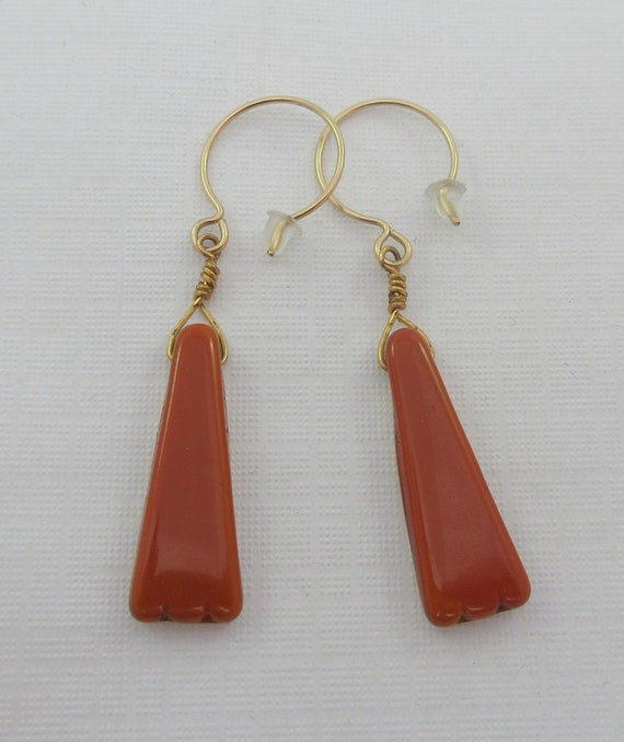 Long 10k Yellow Gold Red Glass Dangle Earrings - image 7