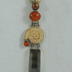 Janice Lee Ripley Camenae Sterling Silver Shell Amber Glass Pendant w. Cultured Pearl Necklace image 6