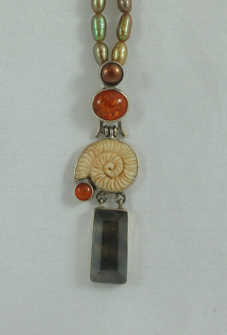 Janice Lee Ripley Camenae Sterling Silver Shell Amber Glass Pendant w. Cultured Pearl Necklace image 6